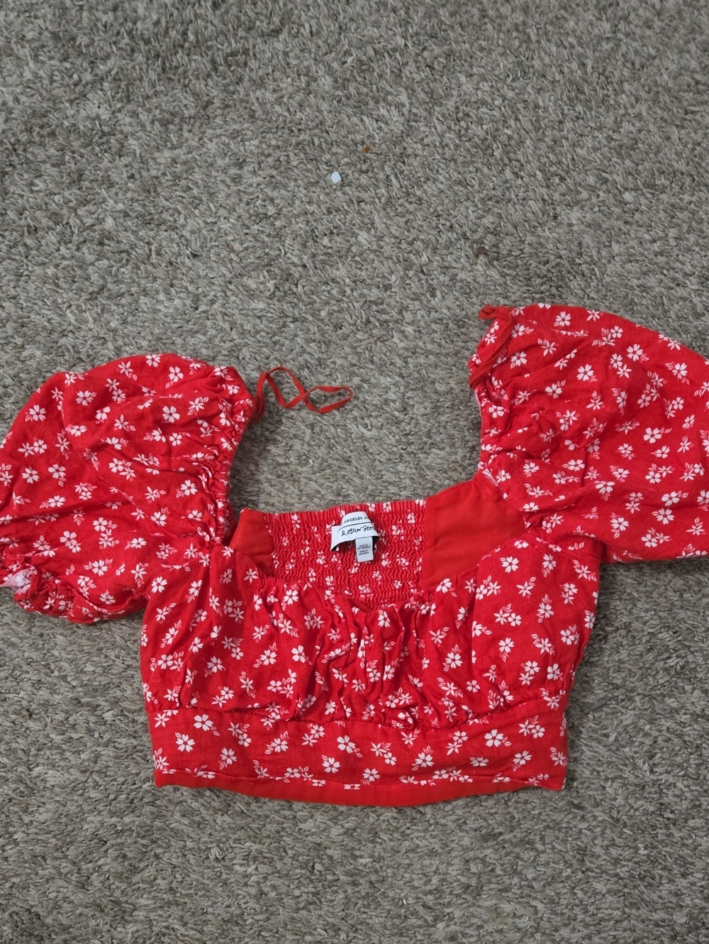 & Other Stories Red Floral Puff-Sleeve Crop Top